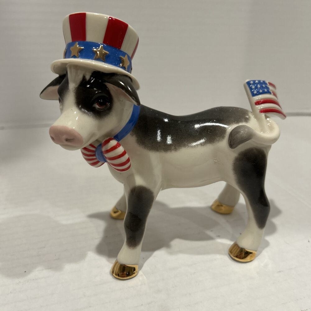 Lenox Patriotic Cow Figurine Red White Blue Gold Accents EUC